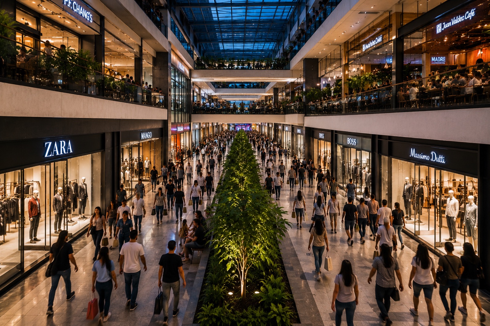 Centro comercial lleno de gente circulando entre tiendas
